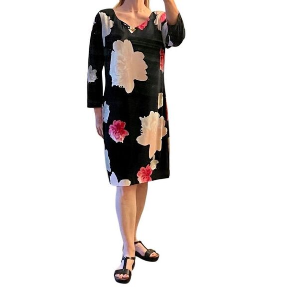 NWT Calvin Klein Floral Black Dress Pink Cream Stretch Knit Key Hole Chain XL - Picture 2 of 10
